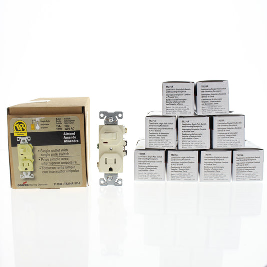 Cooper TR274A Almond Tamper Resistant Pilot Light Switch Receptacles 15A 10-Pack