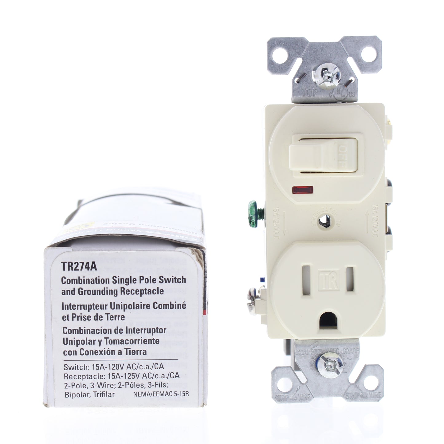 Cooper Almond Tamper Resistant Pilot Light Switch Outlet Receptacle 15A TR274A
