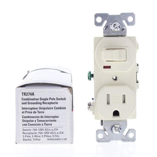 Cooper Almond Tamper Resistant Pilot Light Switch Outlet Receptacle 15A TR274A