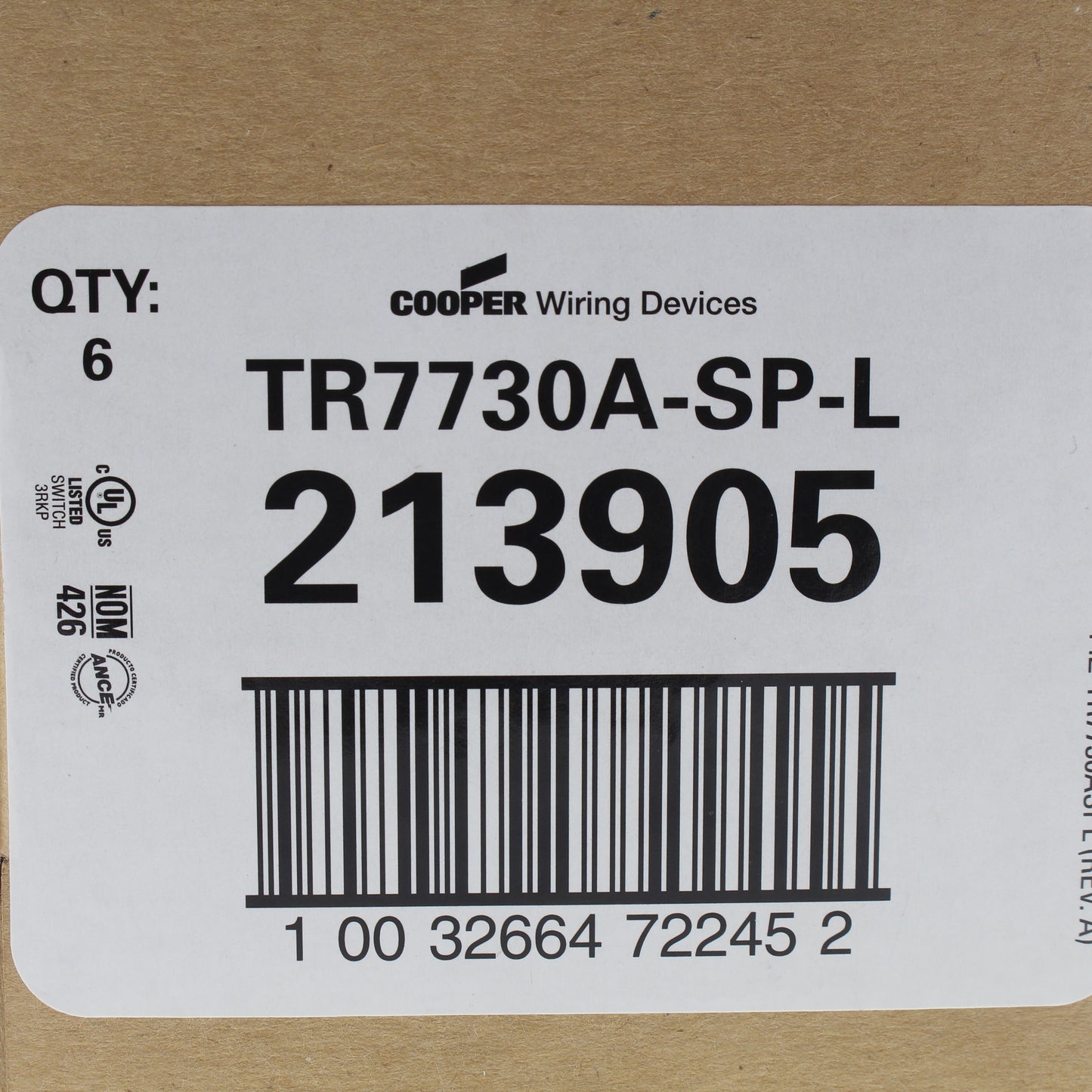 Cooper TR7730A Almond Tamper Resistant 1-Pole Decorator Switch Outlets 15A 6pcs