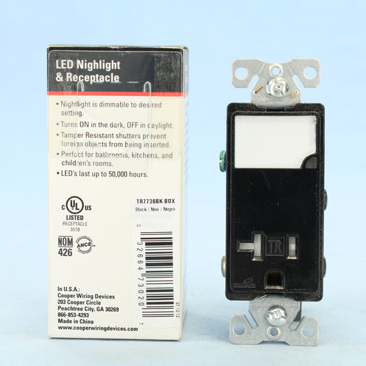 Cooper Black Tamper Resistant Receptacle Nightlight Combo 5-20R 20A 125V TR7736