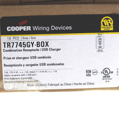 Cooper TR7745GY Gray 15A Tamper Resistant Duplex Receptacles USB Charger 10pcs
