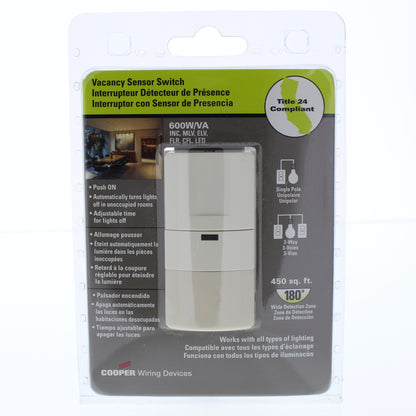Cooper Almond Vacancy Sensor Switch 450 Sqft Range 1-Pole 3-Way 600W VS306U-A-K