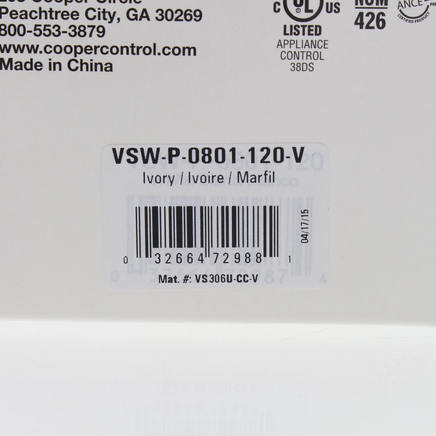 Cooper VSW-P-0801-120-V Ivory Manual Passive Infrared Vacancy Sensor 600W PIR