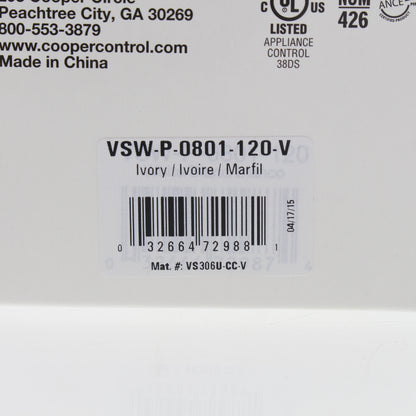 Cooper VSW-P-0801-120-V Ivory Manual Passive Infrared Vacancy Sensor 600W PIR