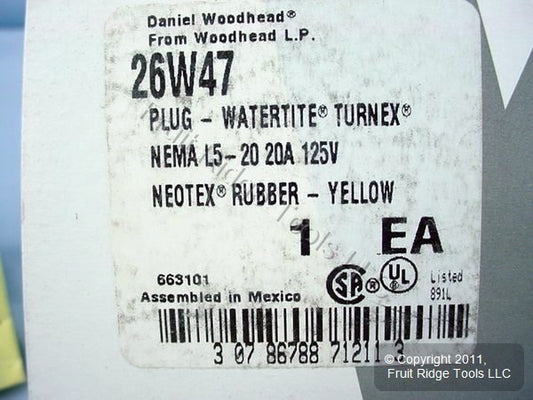 Daniel Woodhead 26W47 Yellow Watertite Twist Turn Lock Connector Plug L5-20P 20A