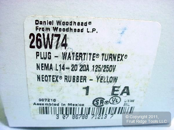 Daniel Woodhead 26W74 Yellow Watertite Turn Locking Plug 20A 125/250V L14-20P