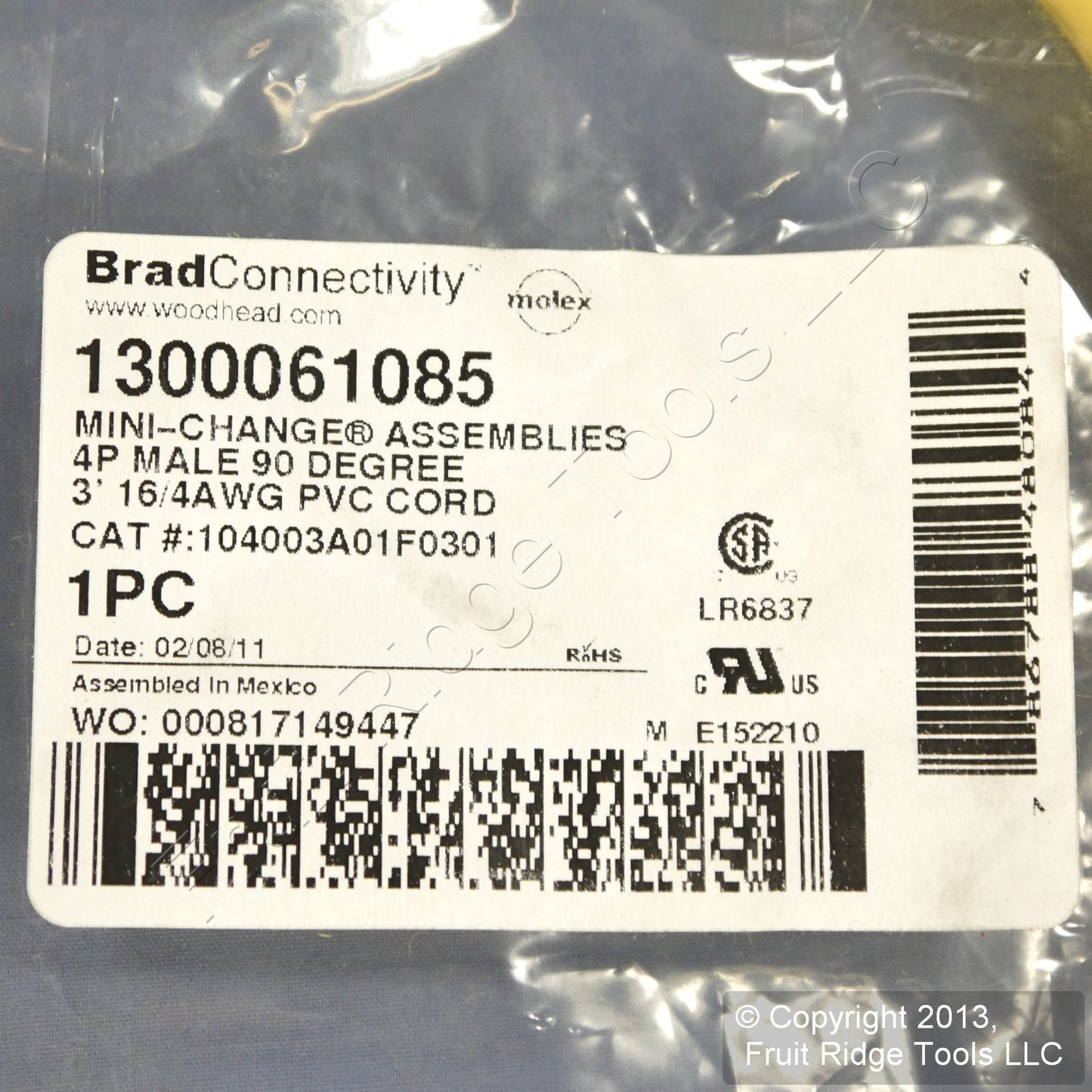 Woodhead 3' 90� Quick Disconnect Male Pigtail 16/4 AWG PVC Cord 104003A01F0301