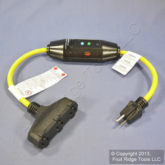 Woodhead Industrial Manual Reset 2' In-Line GFCI Cord Tri-Tap Adapter 15050-3TTM