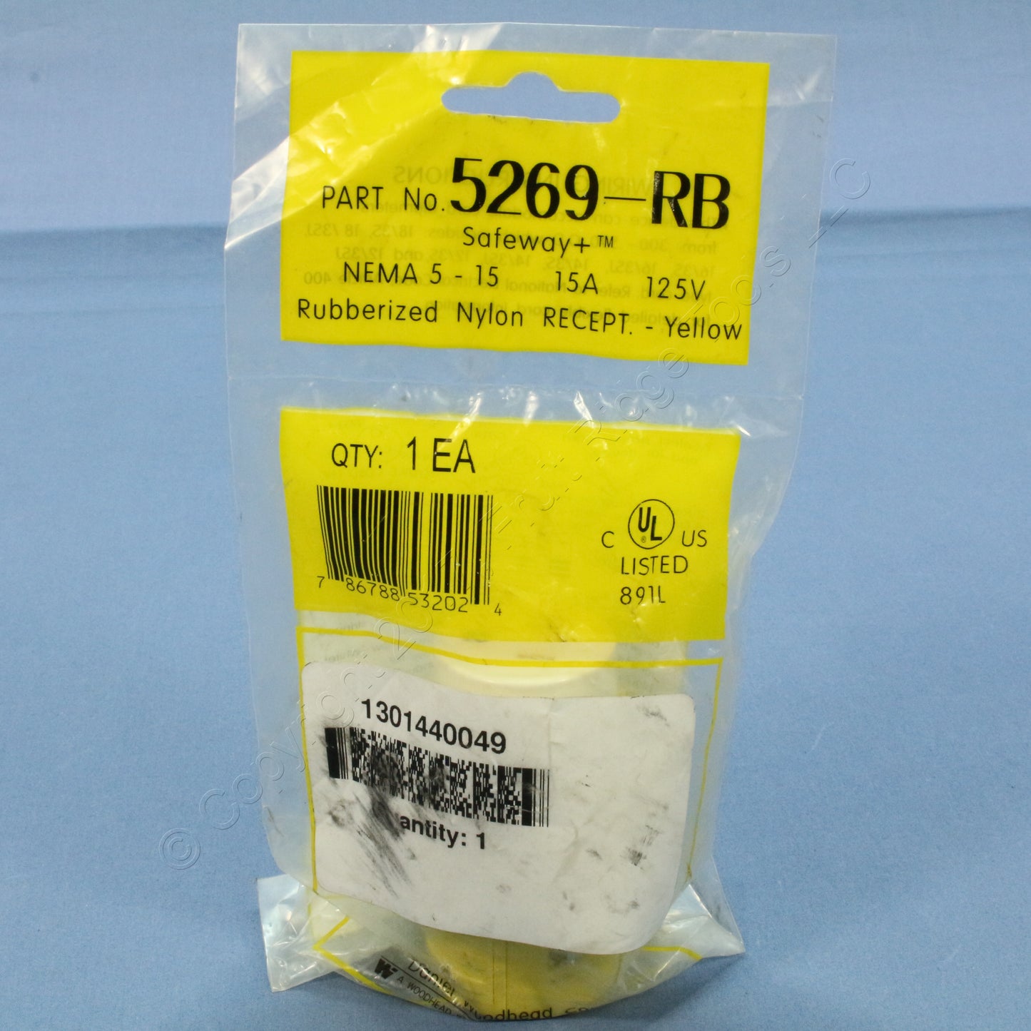 Daniel Woodhead 5269-RB Rubberized Nylon Yellow Plug Connector 5-15R 15A 125V