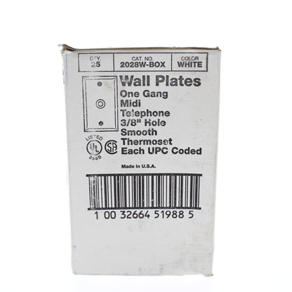 Eagle 2028W White 1-Gang Mid-Size Phone 3/8" Hole Thermoset Wallplates 25-Pack