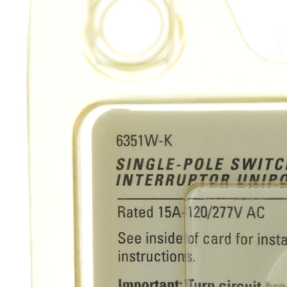 Eagle 6351W White Decorator Rocker Switch Single Pole 15A 120/277V + Wallplate