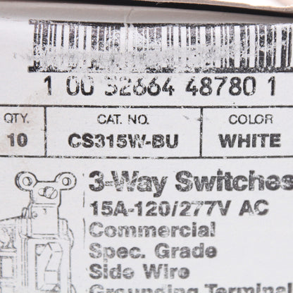 Eagle CS315W White 15A 3-Way Commercial Toggle Wall Light Switches 10pcs