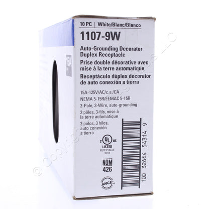 10 Eaton White Decorator Outlet Duplex Receptacles NEMA 5-15R 15A 125V 1107-9W