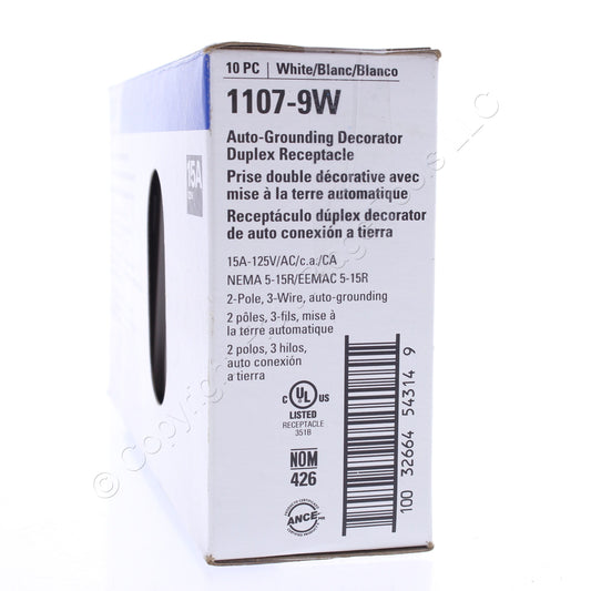 10 Eaton White Decorator Outlet Duplex Receptacles NEMA 5-15R 15A 125V 1107-9W