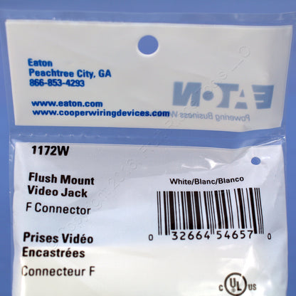 Eaton 1172W White 1-Gang Single Coaxial Cable Wall Plate Video CATV Jack F-Type