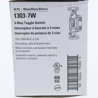 10 Eaton White Quiet Toggle Wall Light Switches 3-Way 15A 120V 1303-7W