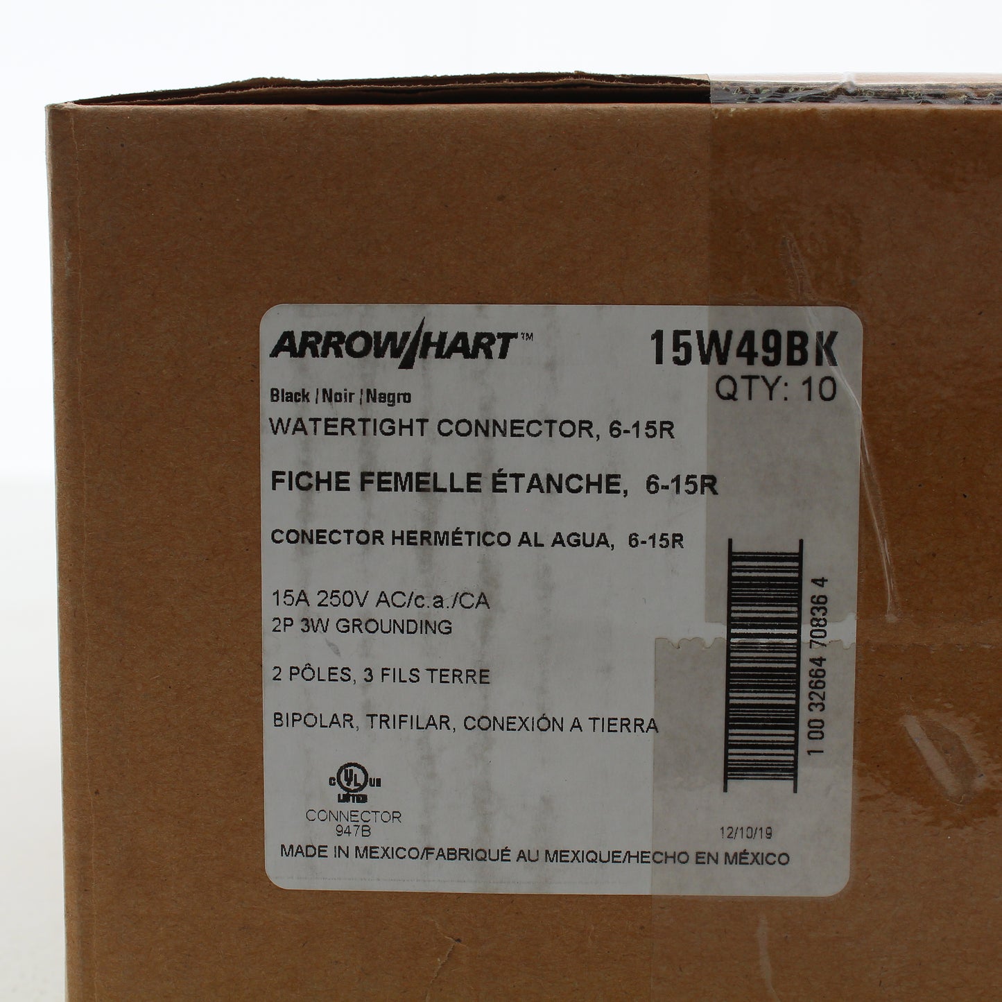 Eaton Watertight Nema 6-15 Black Straight Blade Connector 2P 15A 250V 15W49BK
