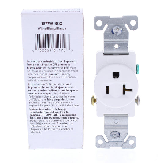 Eaton White Commercial Outlet Single Receptacle NEMA 5-20R 125V 20A 1877W Boxed