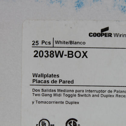 Eaton 2038W White 2-Gang Toggle Duplex Plastic Mid-Size Wallplate Cover 25-pack