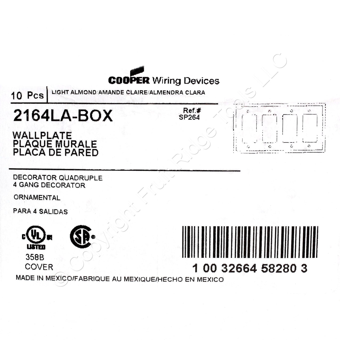 Eaton 2164LA Lt Almond 4-Gang Decorator Plastic Standard Wallplate Cover 10pcs