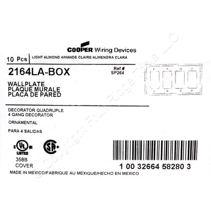 Eaton 2164LA Lt Almond 4-Gang Decorator Plastic Standard Wallplate Cover 10pcs