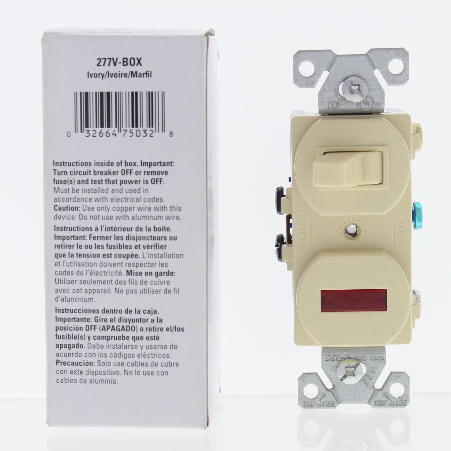 Eaton #277V Ivory Pilot Light Toggle Wall Switch Single Pole 15A 120V Boxed