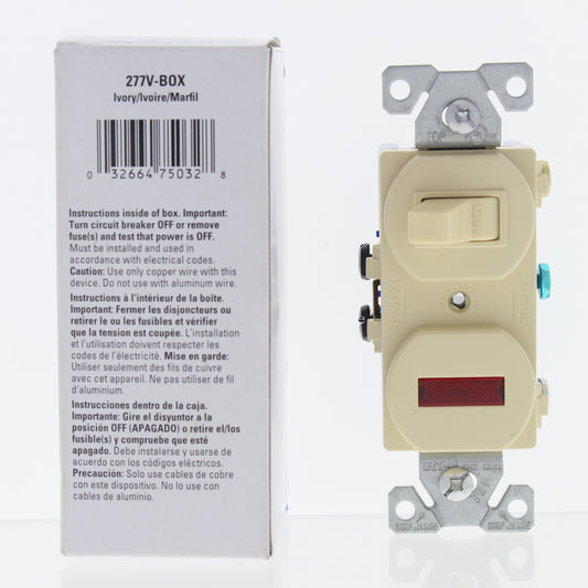 Eaton #277V Ivory Pilot Light Toggle Wall Switch Single Pole 15A 120V Boxed