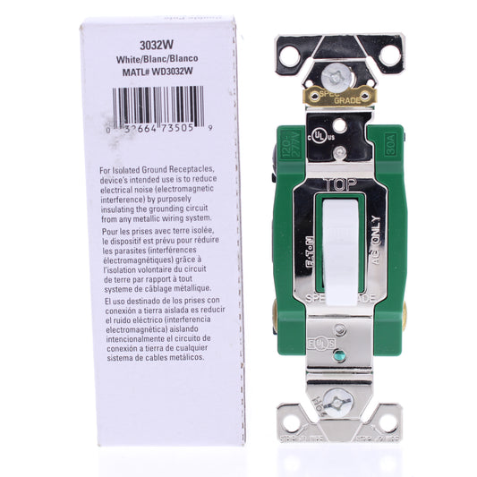 Eaton 3032W White Industrial Double Pole Toggle Light Switch Control 30A
