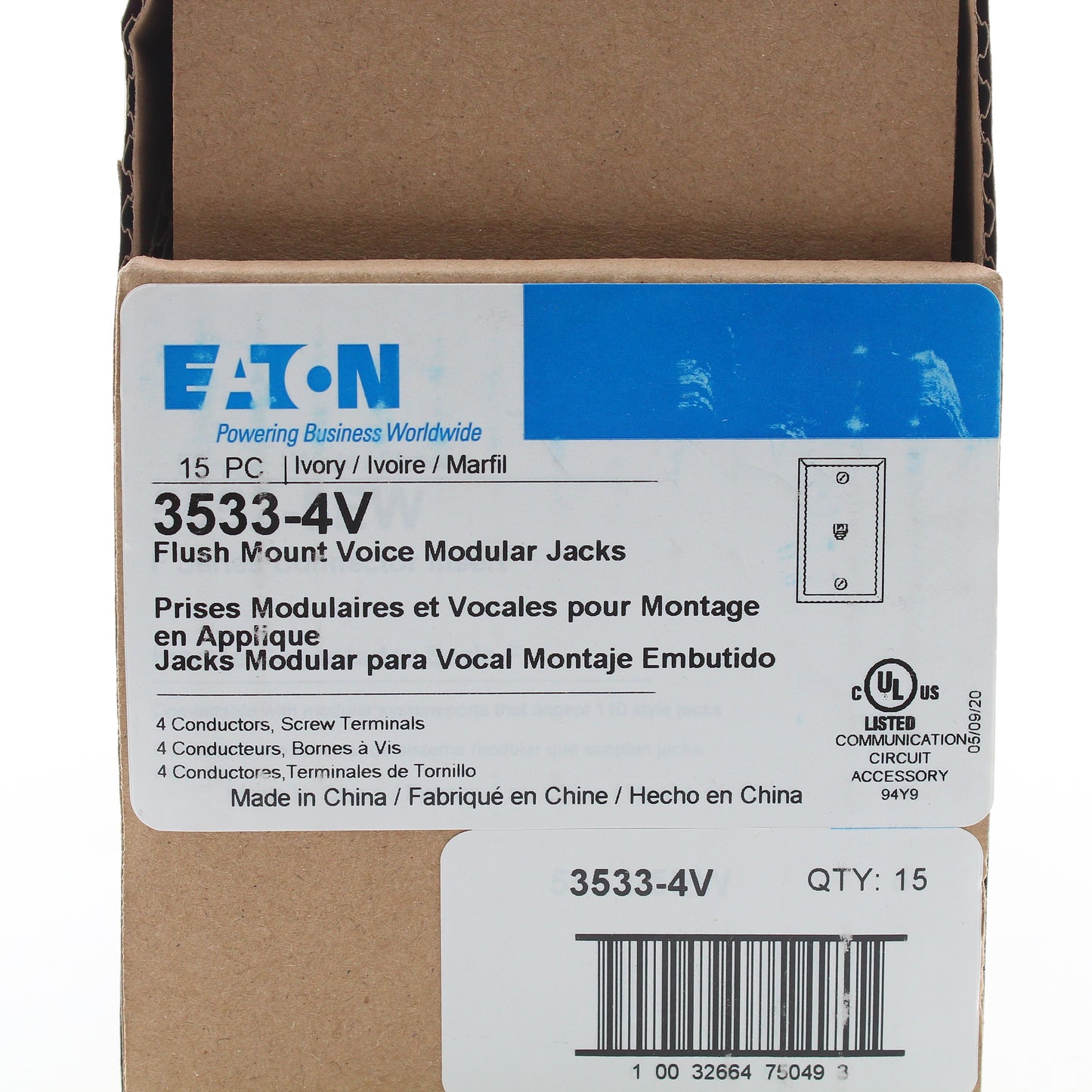 Eaton 3533-4V Ivory 1-Gang Phone Jack Unbreakable Mid-Size Wallplate Cover 15pcs
