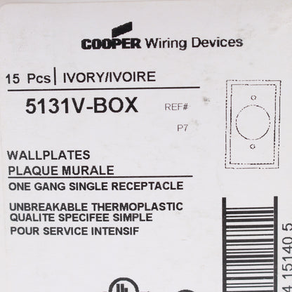 Eaton 5131V Ivory 1-Gang 1.406in. Outlet Unbreakable Nylon Wallplate Cover 15pcs