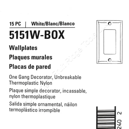 Eaton 5151W White 1-Gang Unbreakable Decorator Standard Wallplate Cover 15pcs