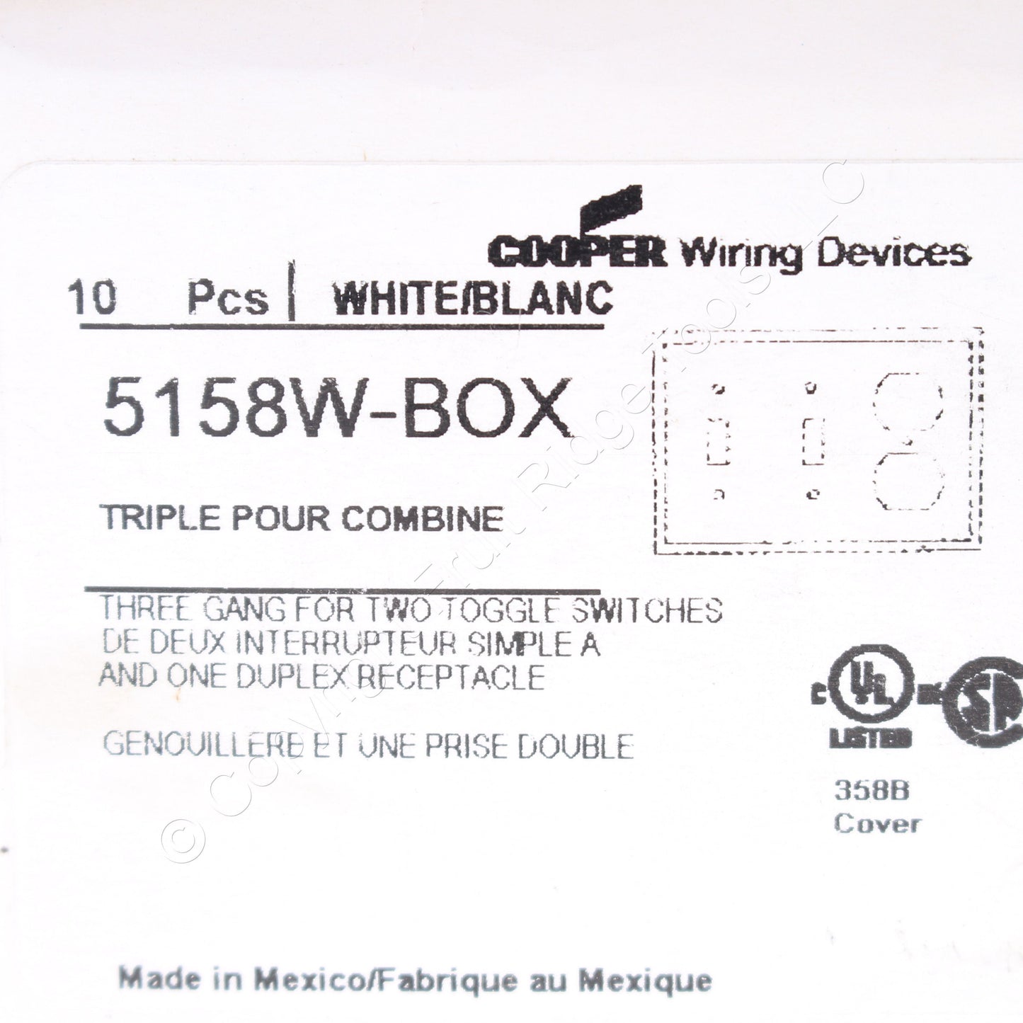 Eaton 5158W White 3-Gang Toggle Duplex Unbreakable Nylon Wallplate Cover 10pcs