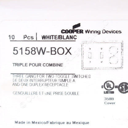 Eaton 5158W White 3-Gang Toggle Duplex Unbreakable Nylon Wallplate Cover 10pcs