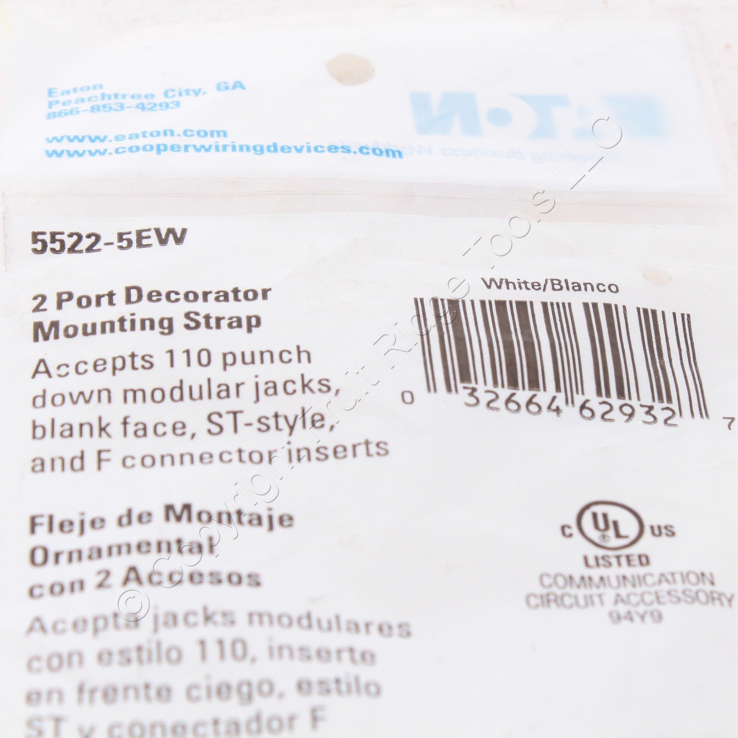 Eaton 5522-5EW White 1-Gang 2-Port Unbreakable Nylon Mid-Size Wallplate Cover