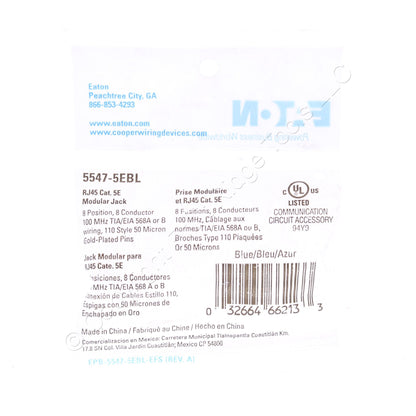 Eaton 5547-5EBL Blue Cat5e Snap-In Modular Data Jack 110 Style 8-Position RJ45