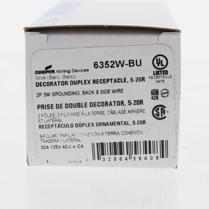 Eaton White Commercial Decorator Receptacle Duplex Outlet 5-20R 20A 6352W