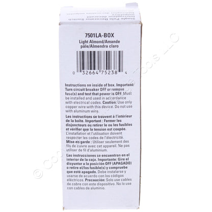 Eaton 7501LA Light Almond Decorator Rocker Light Switch 15A Single Pole 120/277V