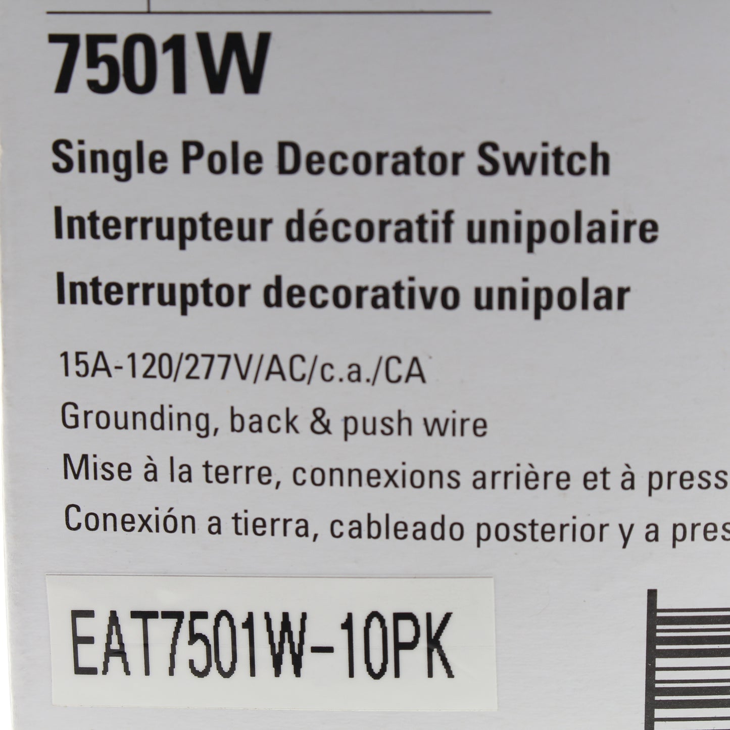 Eaton 7501W White Decorator Rocker Wall Light Switches 15A Single Pole 10-Pack