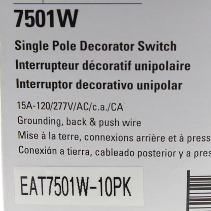 Eaton 7501W White Decorator Rocker Wall Light Switches 15A Single Pole 10-Pack