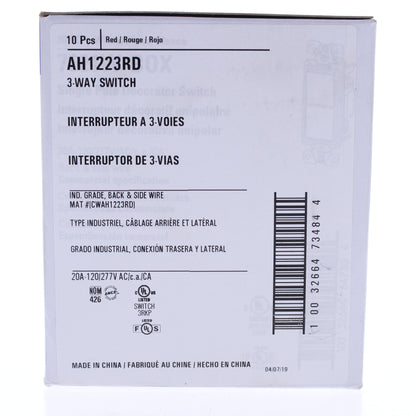 Eaton AH1223RD Red Industrial Grade 3-Way Toggle Light Switch 20A 120/277V 10pcs