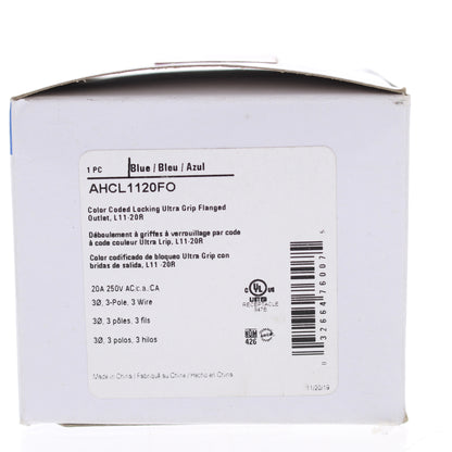 Eaton Blue Twist Turn Locking Flanged Outlet Nema L11-20R 20A 250V 3� AHCL1120FO