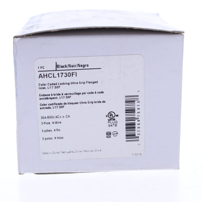 Eaton AHCL1730FI Black Twist Turn Locking Flanged Inlet NEMA L17-30P 30A 600V 3�