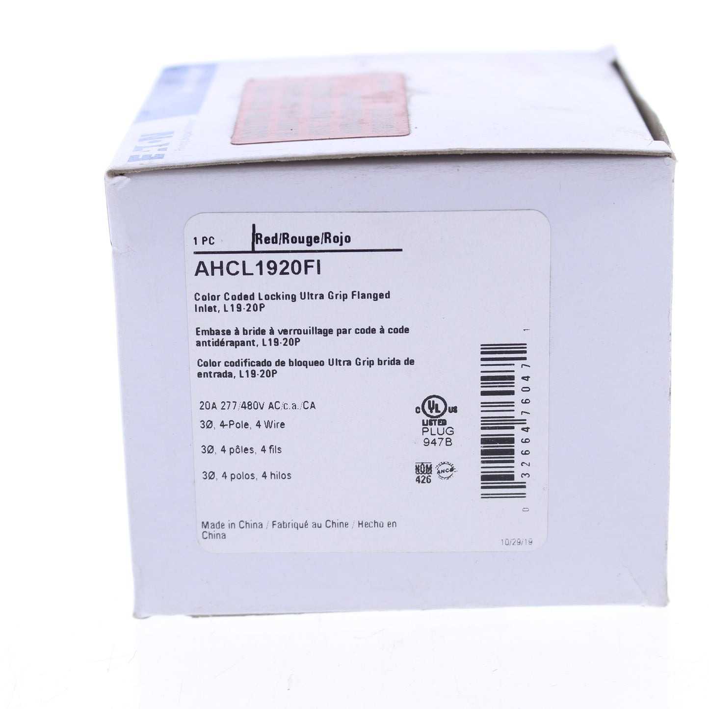 Eaton Red Twist Turn Locking Flanged Inlet L19-20P 20A 277/480V 3�Y AHCL1920FI