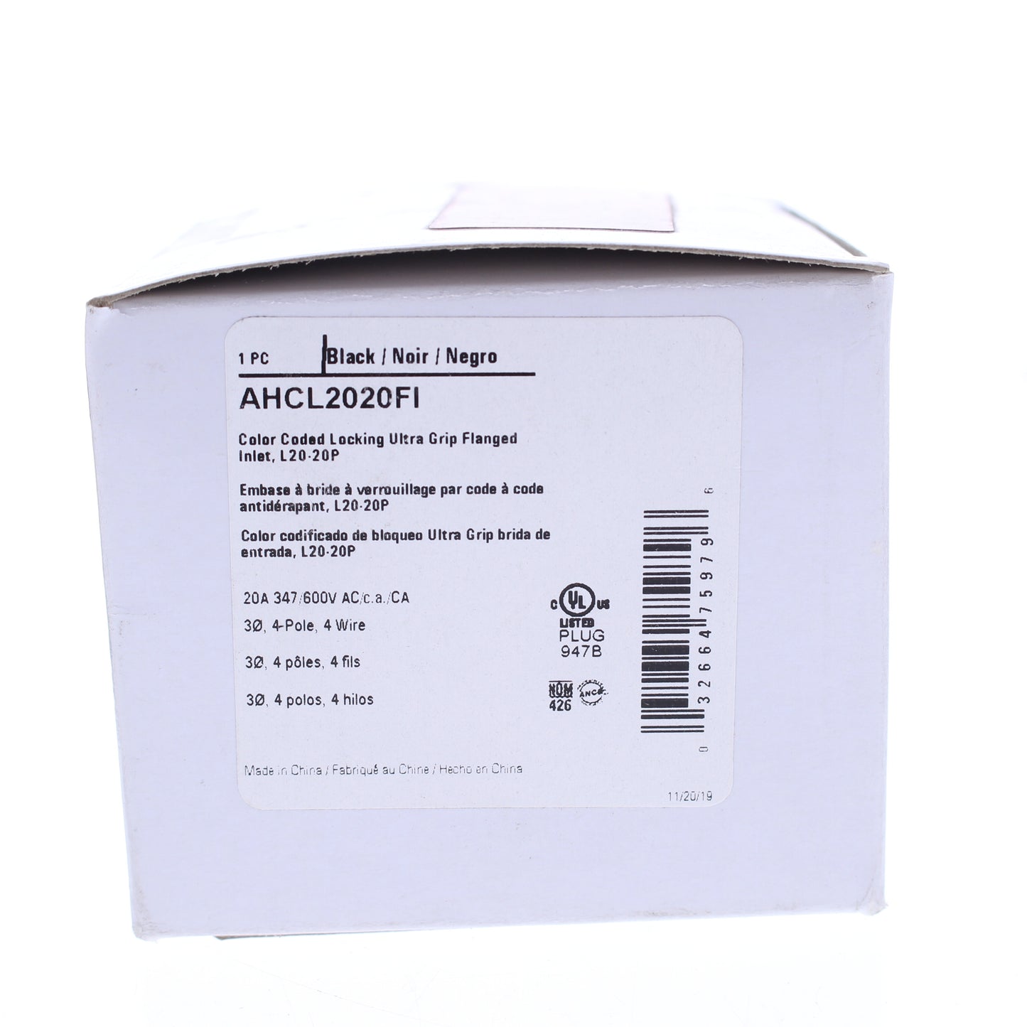 Eaton Black Twist Turn Locking Flanged Inlet L20-20P 20A 347/600V 3�Y AHCL2020FI