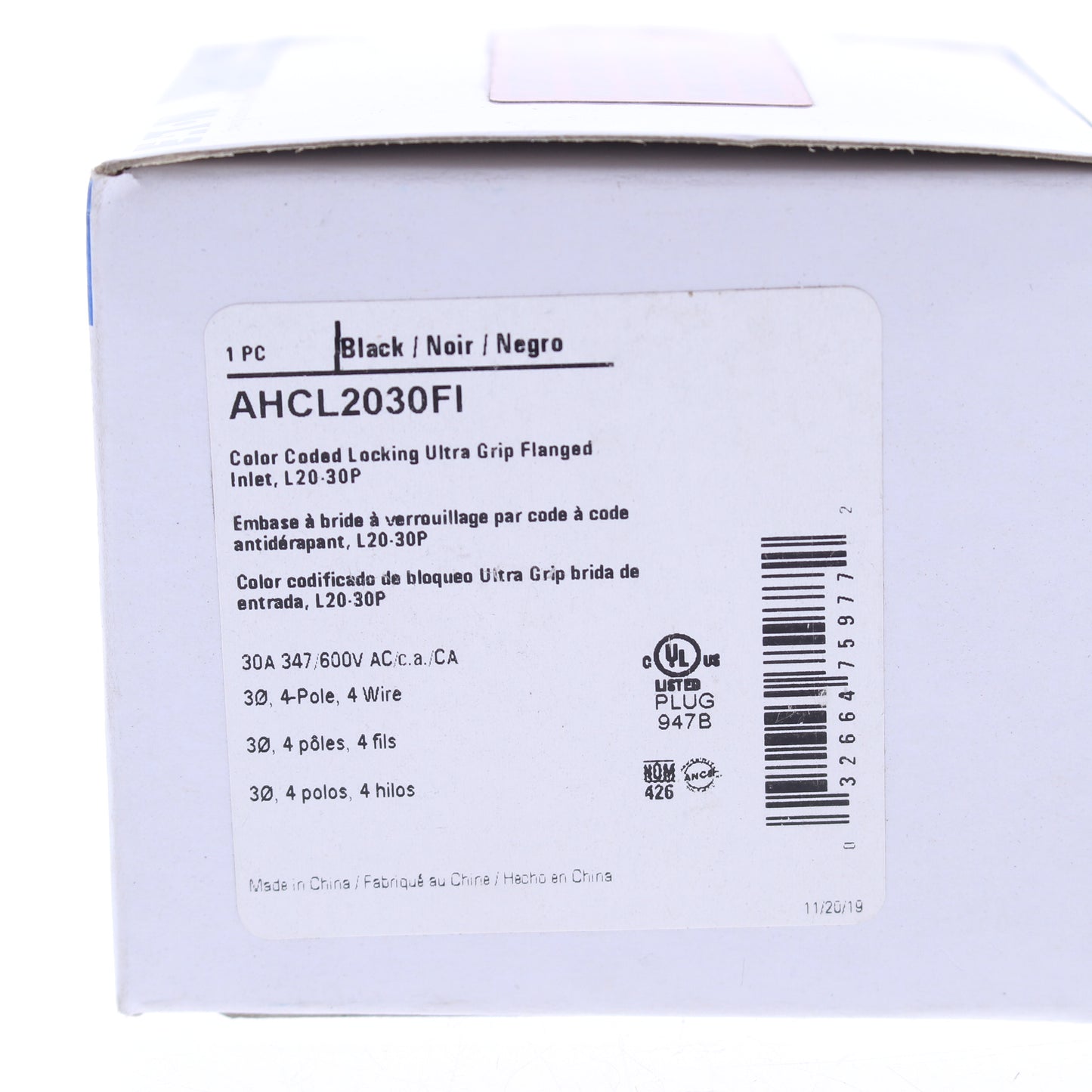 Eaton Black L20-30P Twist Turn Locking Flanged Inlet 30A 347/600V 3�Y AHCL2030FI