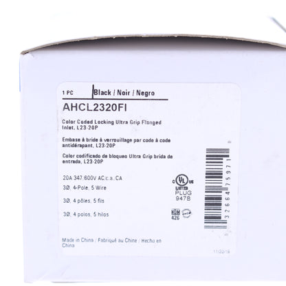 Eaton Black Twist Turn Locking Flanged Inlet L23-20P 20A 347/600V 3�Y AHCL2320FI