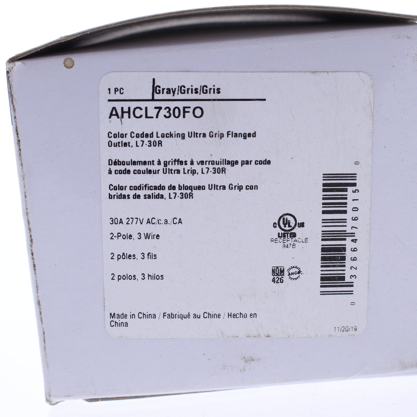 Eaton Gray Twist Turn Locking Flanged Outlet Nema L7-30R 30A 277V AHCL730FO