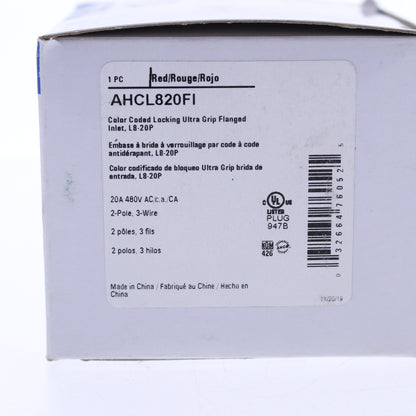 Eaton Red Twist Turn Locking Flanged Inlet L8-20P 20A 480V 2P3W AHCL820FI