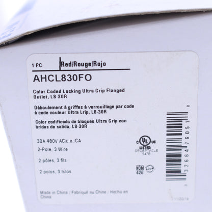 Eaton Red Twist Turn Locking Flanged Outlet Nema L8-30R 30A 480V AHCL830FO